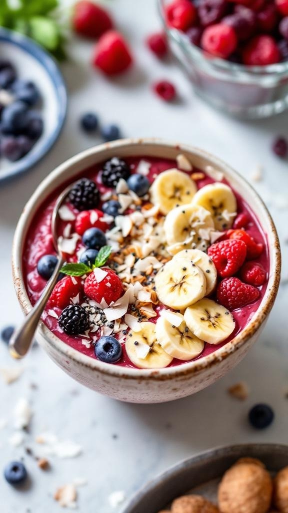 A colorful smoothie bowl topped with banana slices, berries, and coconut.
