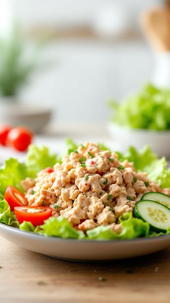 A bowl of classic tuna salad served on lettuce with cherry tomatoes and cucumber slices.