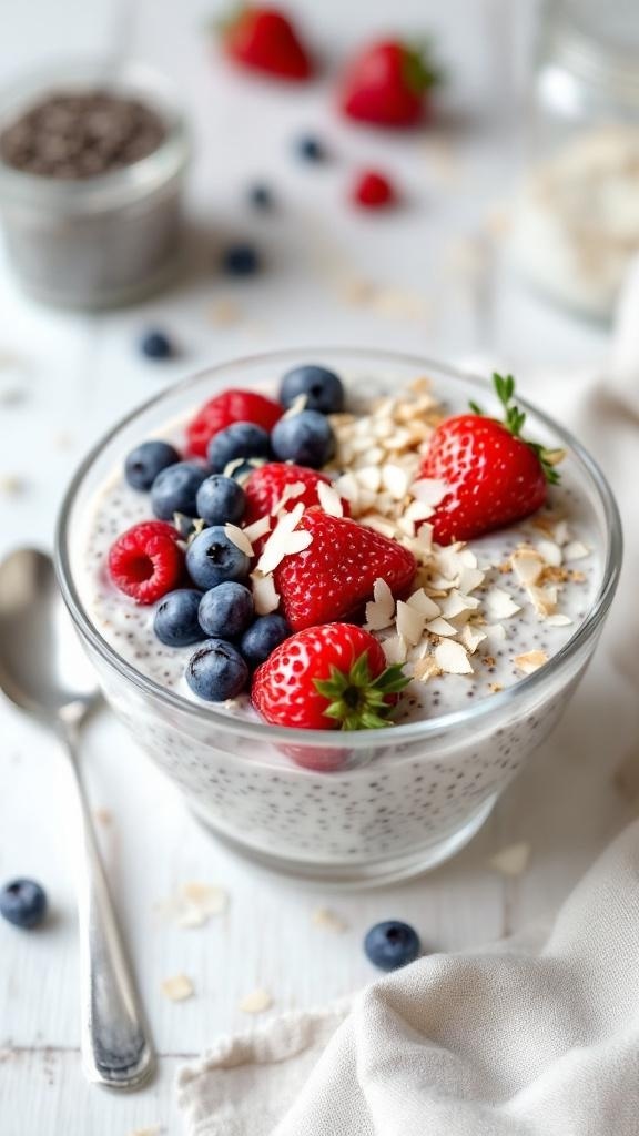 A bowl of classic vanilla chia seed pudding topped with strawberries and blueberries, with a spoon beside it.