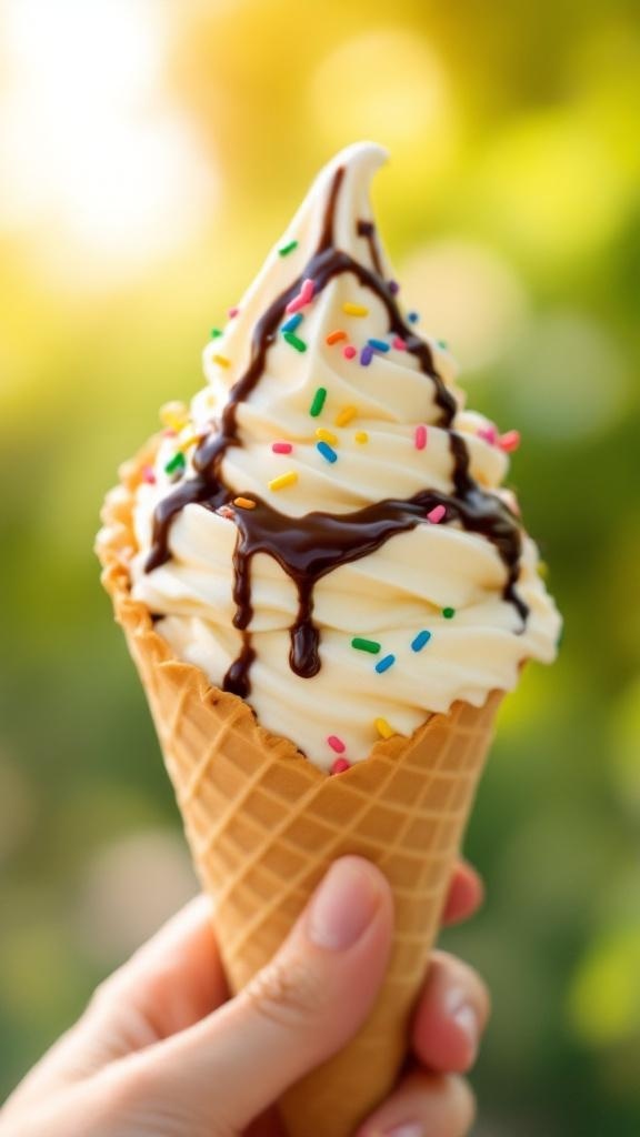 A delicious cone of vanilla ice cream topped with chocolate syrup and colorful sprinkles.