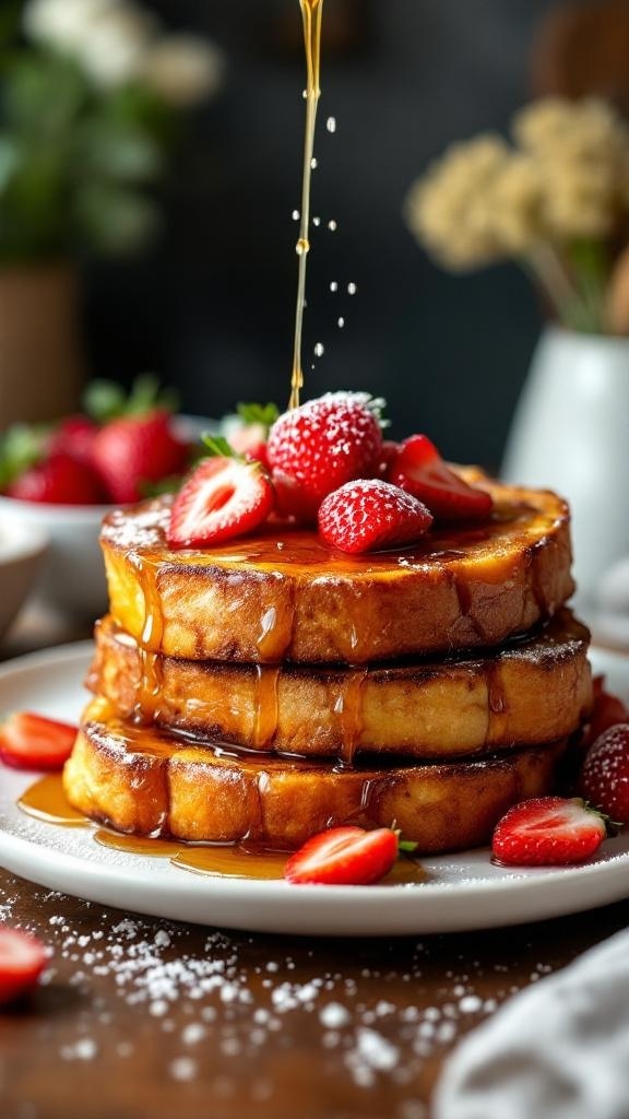 A stack of vegan French toast topped with strawberries and syrup.