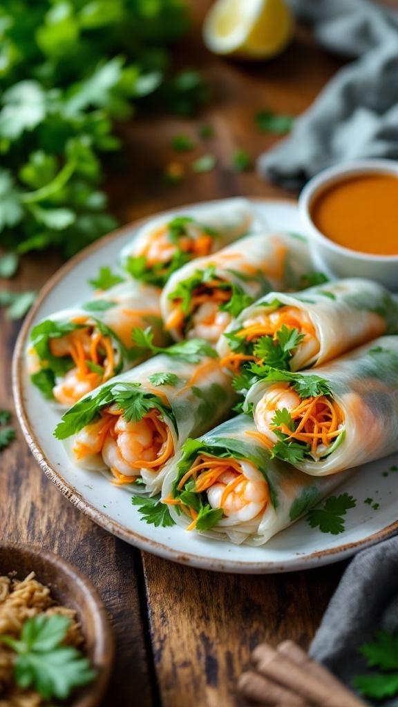 A plate of classic Vietnamese spring rolls filled with shrimp, carrots, and herbs, served with peanut sauce.