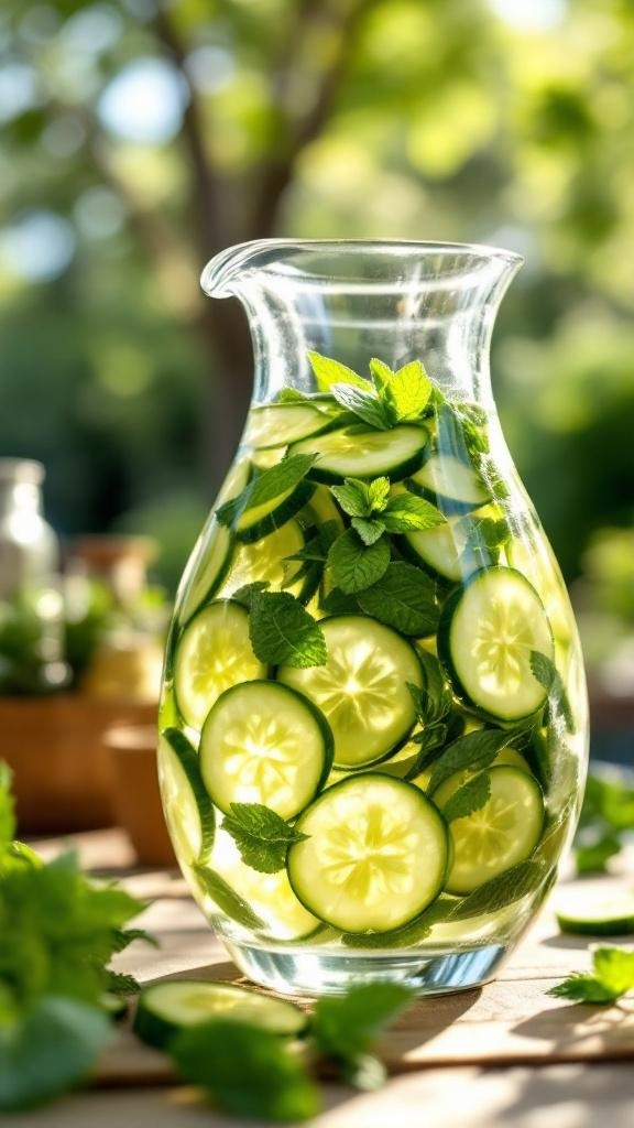 A pitcher filled with cucumber slices and mint leaves in water, set outdoors.