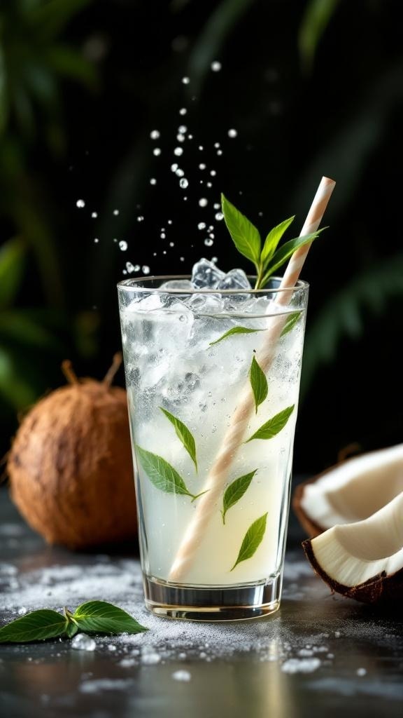 Fresh coconut water in a coconut shell with a straw, surrounded by palm leaves and a beach background.