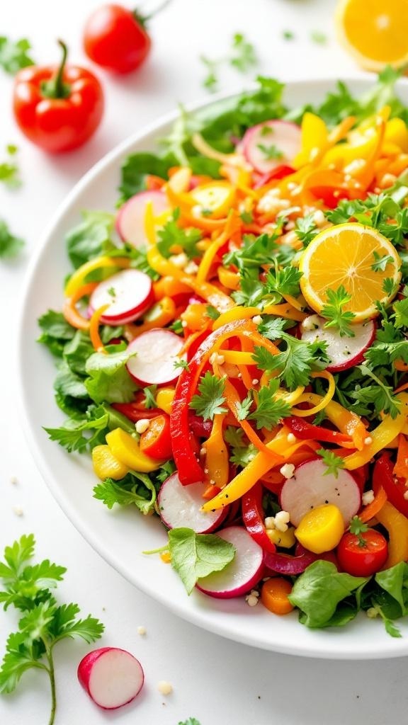 A colorful rainbow salad with mixed greens, bell peppers, radishes, corn, and a lemon slice on top.