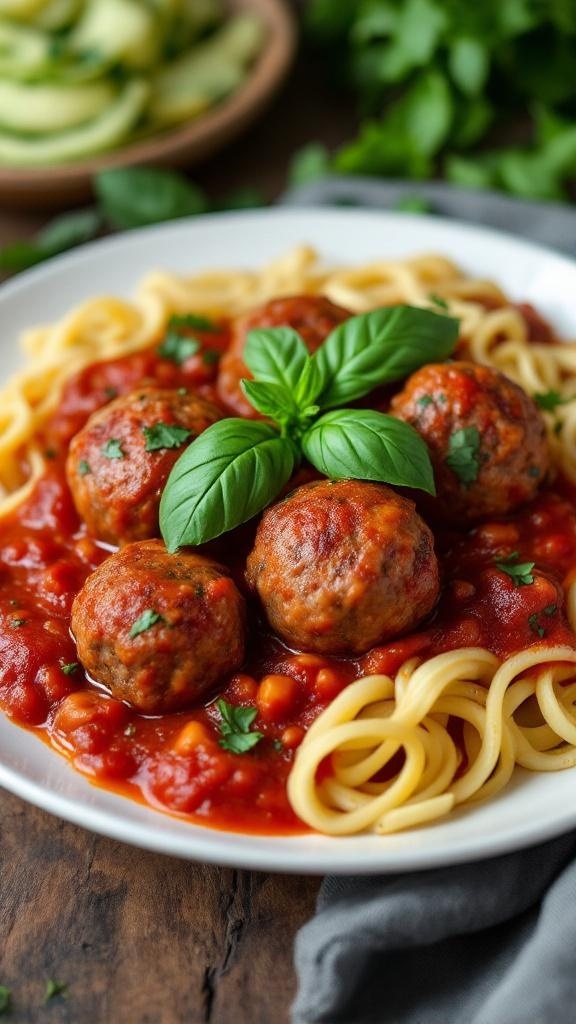 A plate of Whole30 meatballs in marinara sauce served with zoodles, garnished with fresh basil.