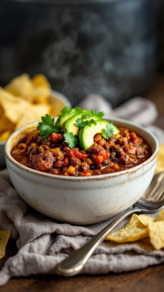 A bowl of Whole30 beef chili topped with cilantro and avocado, served with tortilla chips.