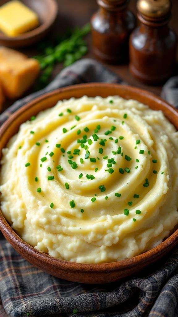 A bowl of creamy mashed potatoes topped with chives, served with butter and salt shakers in the background.