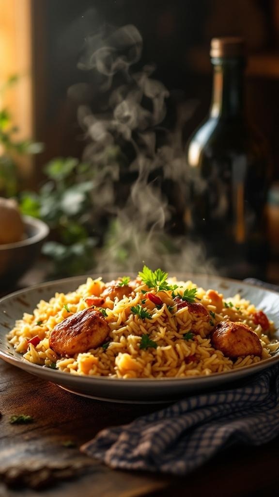 A plate of one-pot chicken and rice garnished with herbs, steaming and ready to eat.