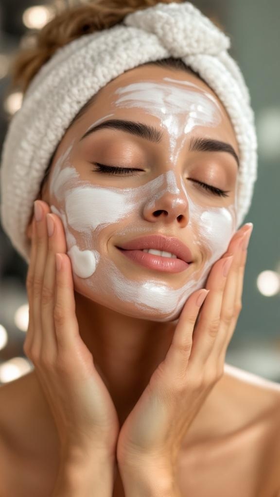 A woman with a gentle expression, showcasing a skincare routine with floral elements and a soft, artistic touch.