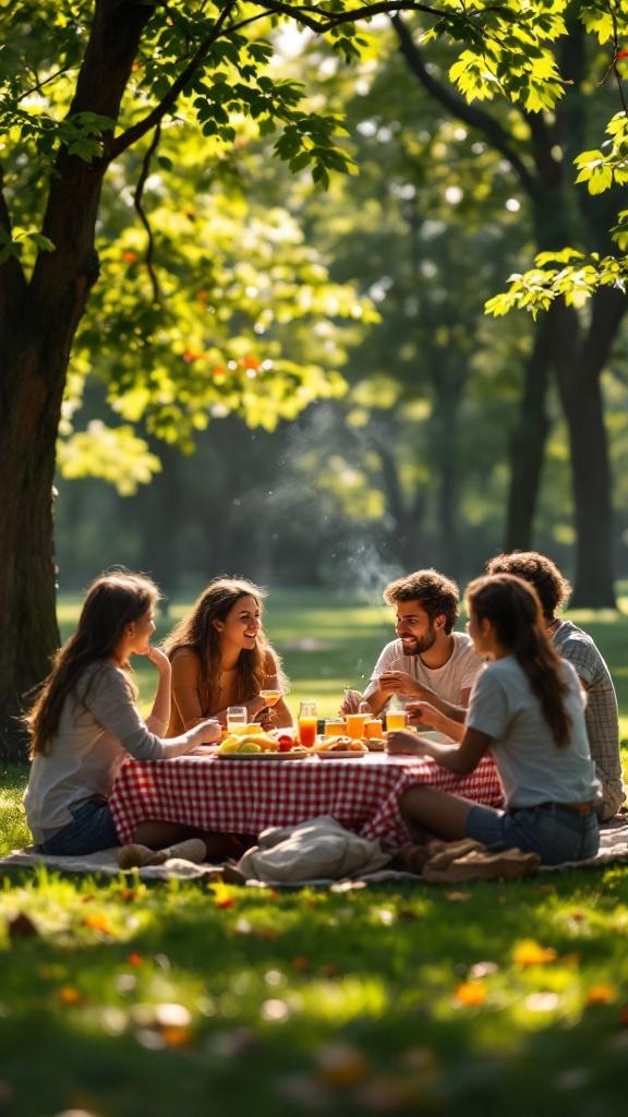 A group of friends enjoying a picnic in a sunny park, surrounded by trees and greenery.