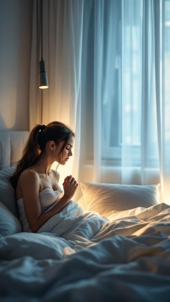 A woman sitting in bed, looking peaceful in a softly lit bedroom.