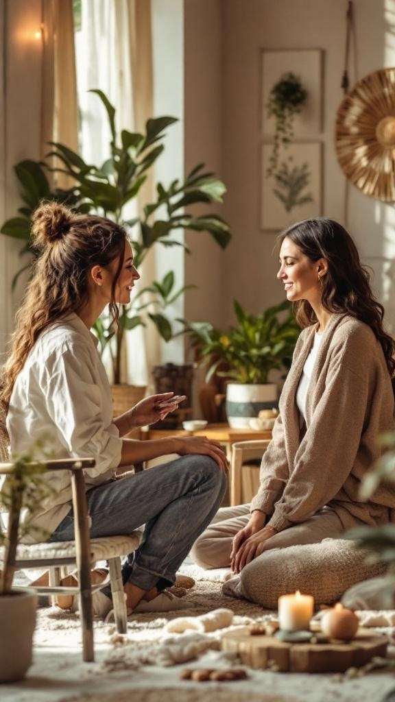 Two women sitting in a cozy room, engaged in a conversation about holistic health.