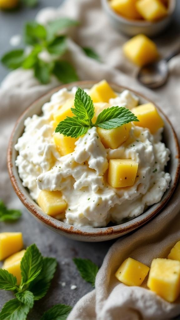 A bowl of cottage cheese topped with pineapple chunks, sitting on a soft cloth with a golden spoon beside it.