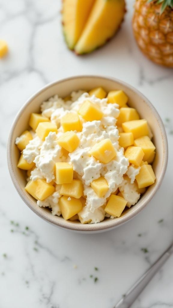 A bowl of cottage cheese topped with pineapple chunks, with fresh pineapple slices in the background.