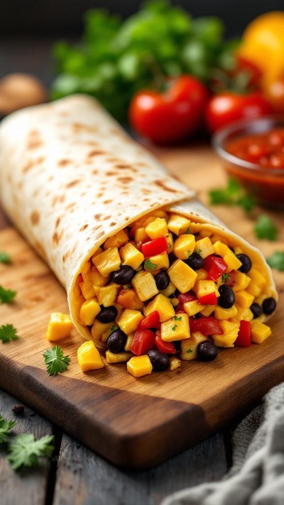 A delicious breakfast burrito filled with black beans, mango, and red bell peppers, garnished with cilantro.