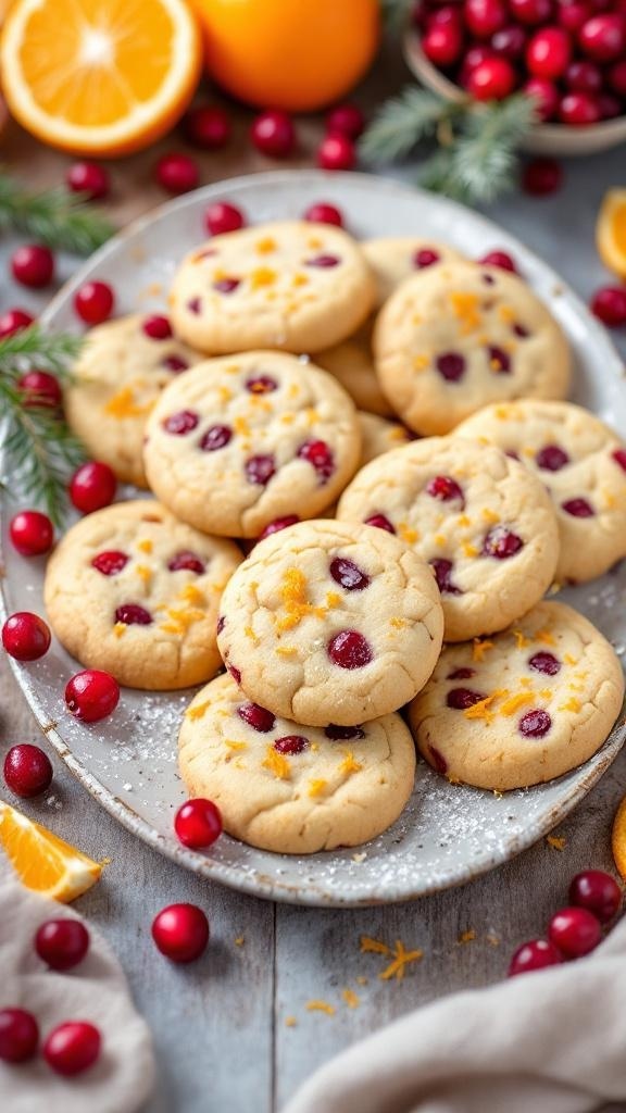 A plate of cranberry orange cookies with fresh cranberries and orange slices