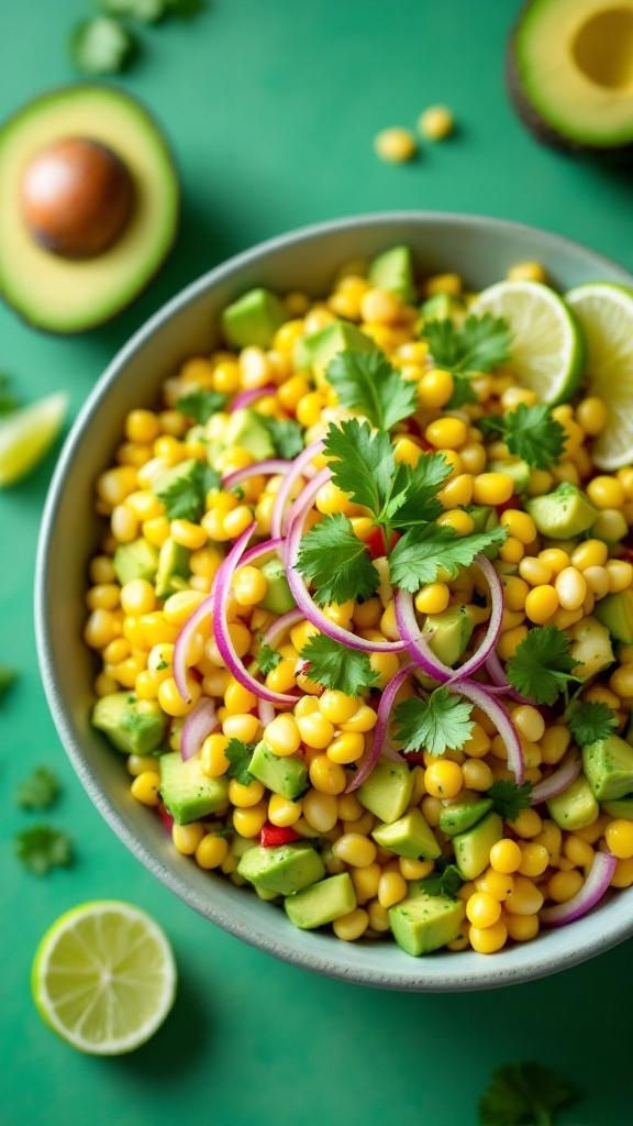 A bowl of creamy avocado and corn salad with cilantro and lime