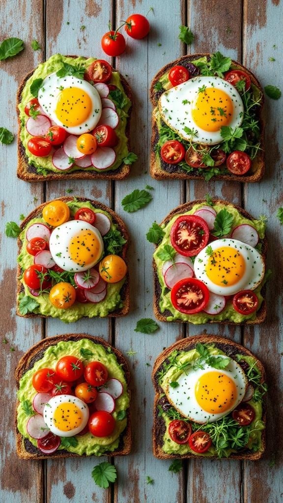A variety of avocado toast topped with eggs, cherry tomatoes, and radishes on a wooden table.