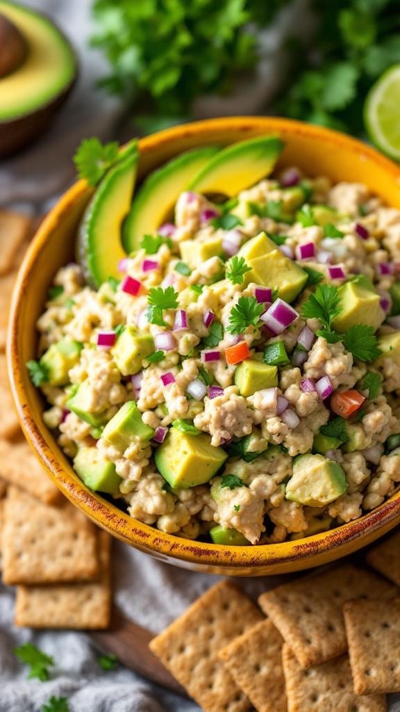 A bowl of creamy avocado tuna salad with diced avocado, red onion, and cilantro, served with crackers.