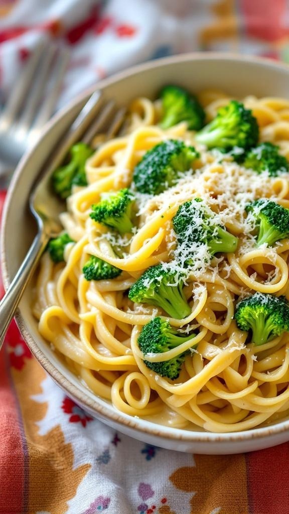 A bowl of creamy broccoli pasta topped with cheese, served on a colorful tablecloth.