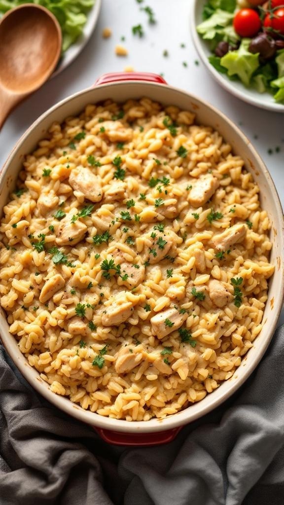 A creamy chicken and wild rice casserole topped with parsley and cheese, served with a side salad.