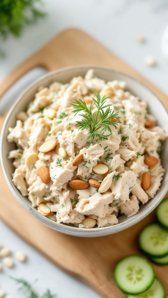 A bowl of creamy chicken salad with dill and almonds, garnished with fresh dill, on a wooden cutting board.