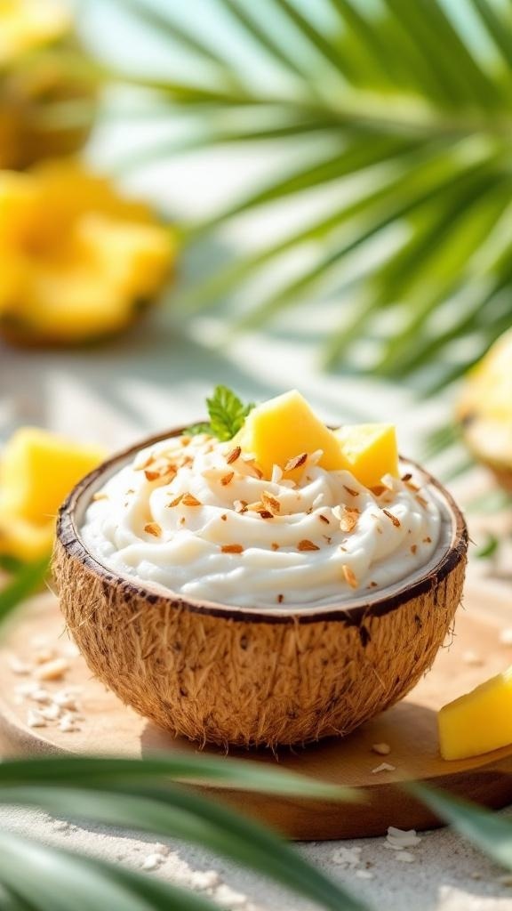 Creamy coconut chia seed pudding topped with mango and toasted coconut in a coconut shell.