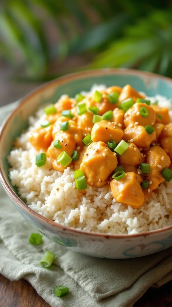 Creamy Coconut Chicken and Rice Bowl with green onions on top
