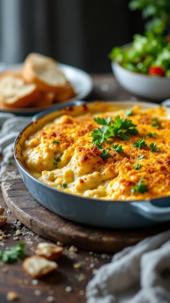 A creamy garlic parmesan chicken bake topped with cheese and parsley, served with bread and salad.