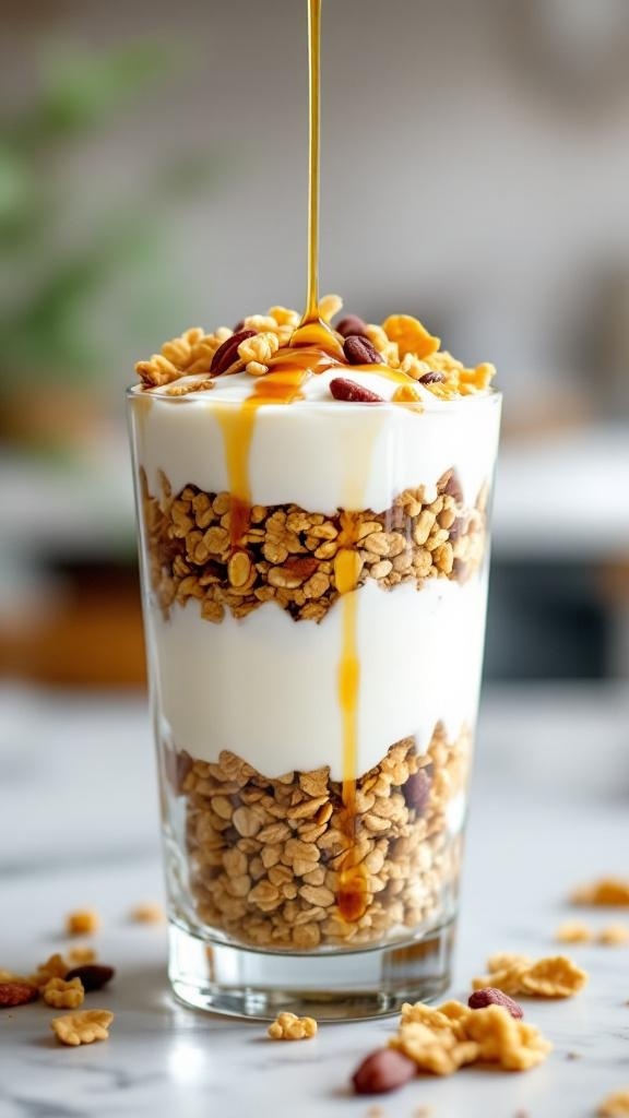 A delicious Greek yogurt parfait layered with granola and nuts, drizzled with honey.