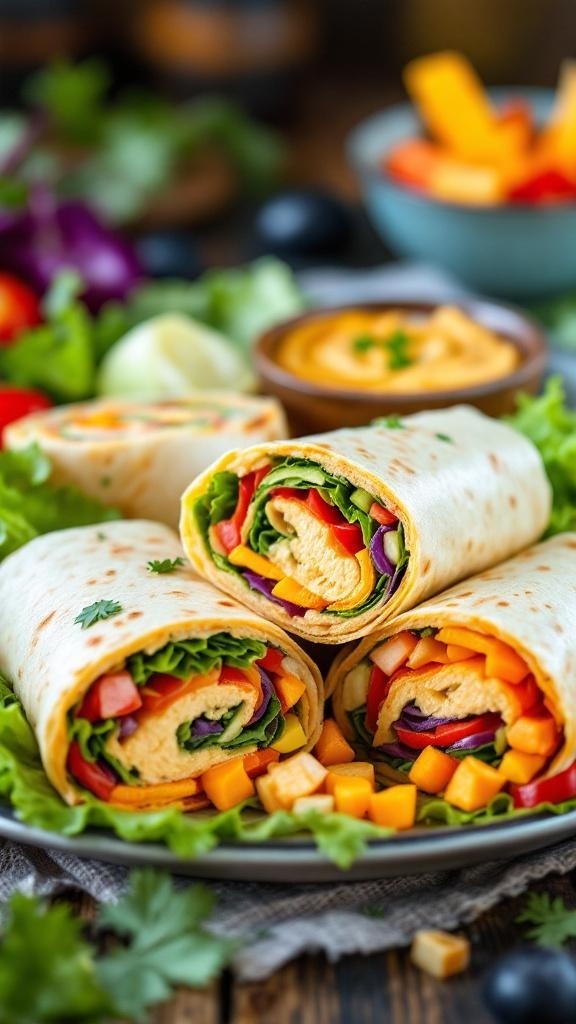 Colorful veggie wraps with hummus, showcasing fresh vegetables and vibrant colors.