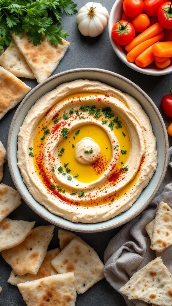 A bowl of creamy hummus topped with olive oil and paprika, surrounded by pita bread and fresh vegetables.