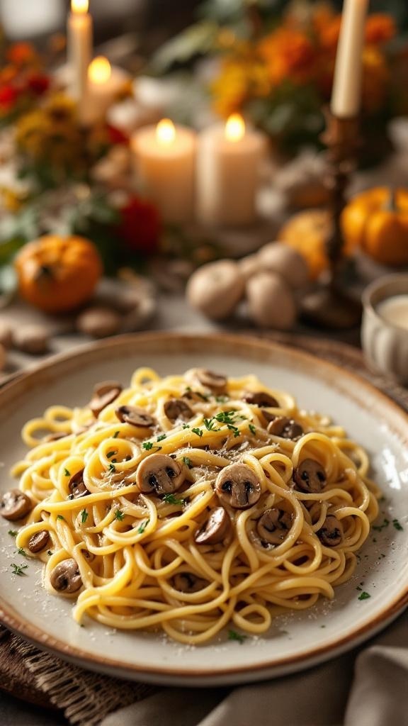A plate of creamy mushroom pasta with a cozy fall dinner setting, featuring candles and seasonal decorations.