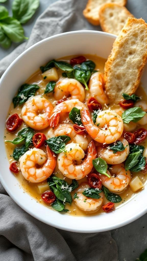 A bowl of creamy shrimp scampi with spinach and sun-dried tomatoes, garnished with fresh basil and served with crusty bread.