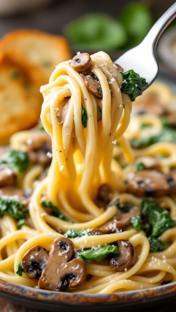 A fork lifting creamy spinach and mushroom pasta, showcasing the dish's rich texture and ingredients.