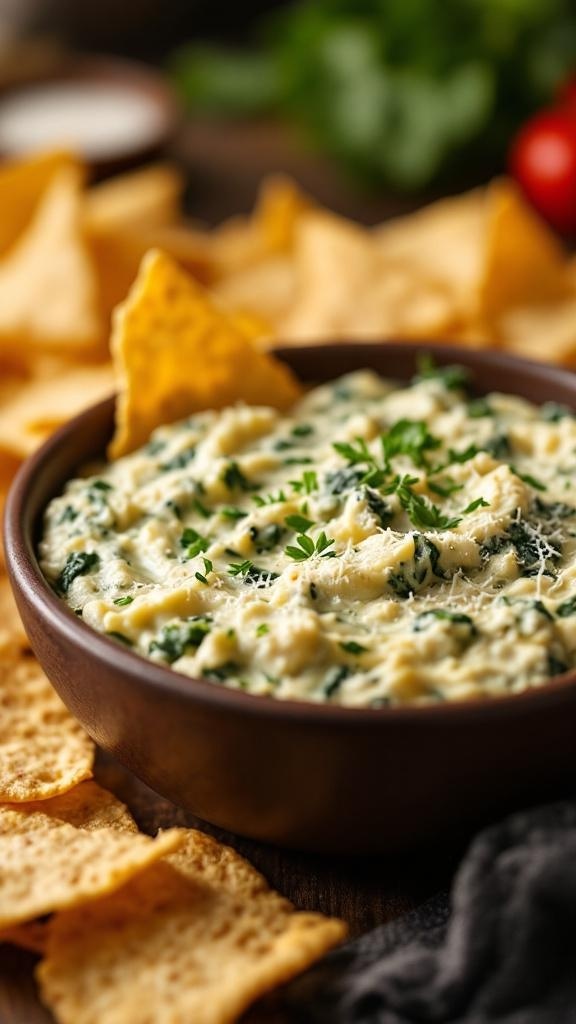 A bowl of creamy spinach and artichoke dip surrounded by tortilla chips.