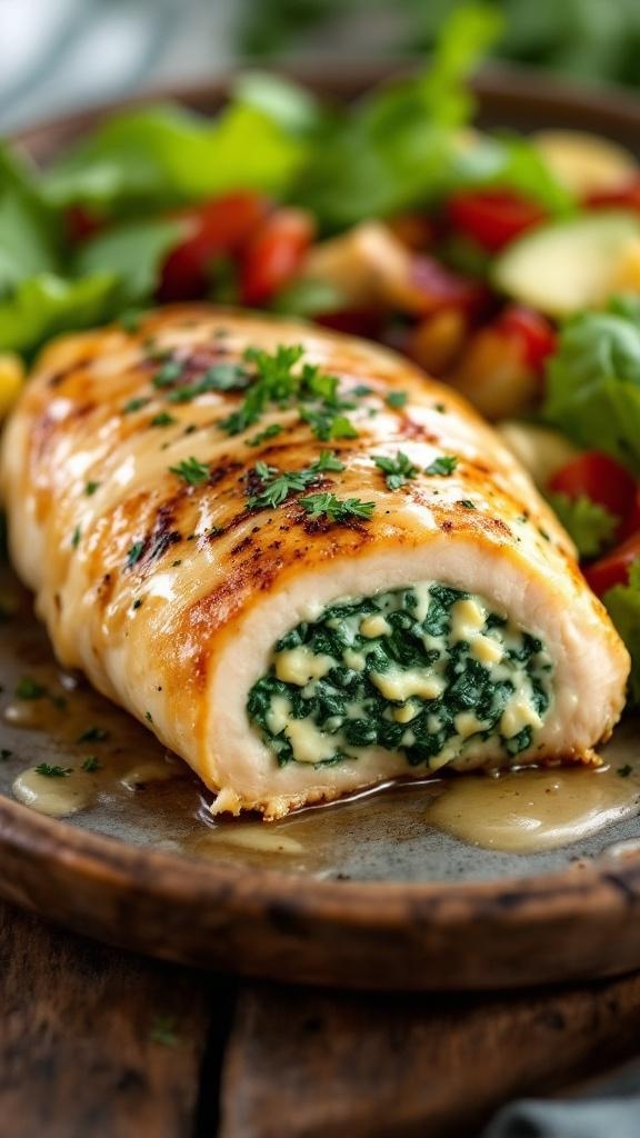 Creamy spinach and artichoke stuffed chicken on a plate with salad