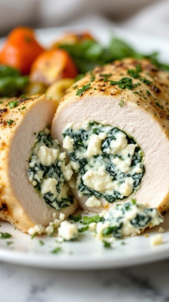 Creamy spinach and feta stuffed chicken breast, sliced to show the filling