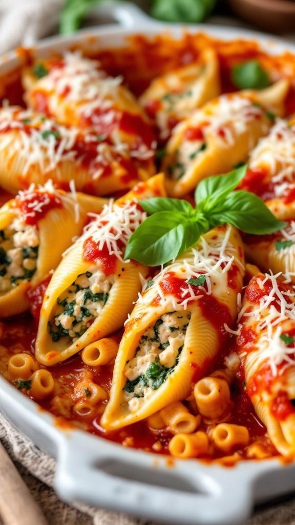 Creamy tuna and spinach stuffed shells in marinara sauce topped with cheese and basil