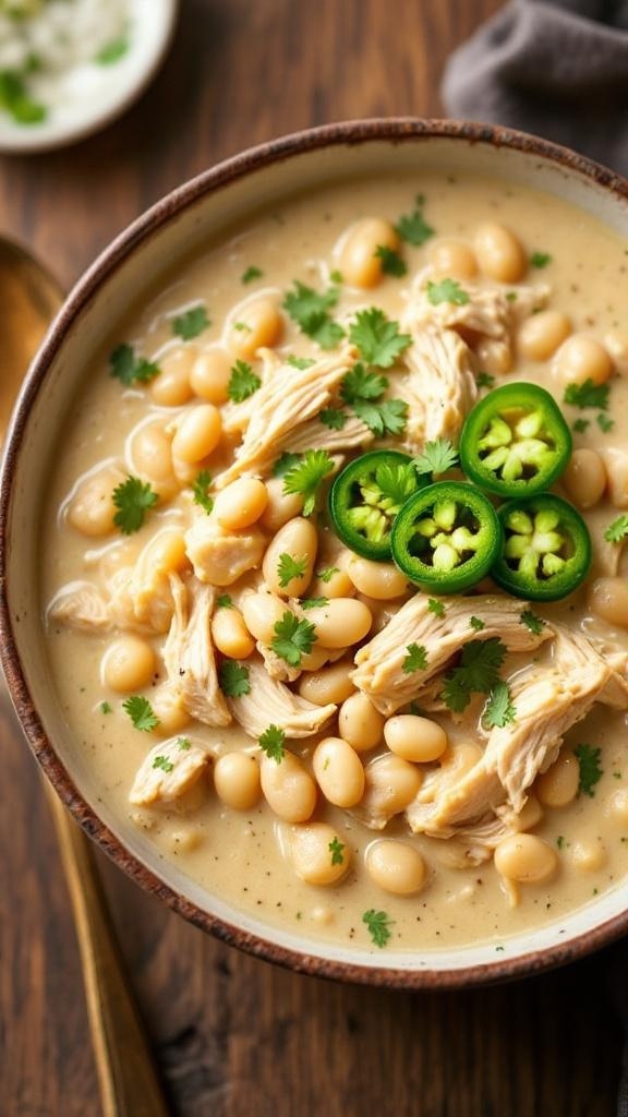 A bowl of creamy white chicken chili topped with jalapeños and cilantro