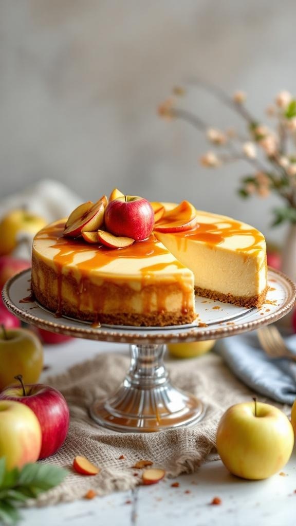 A delicious apple cheesecake topped with caramel and fresh apple slices, displayed on a silver cake stand.