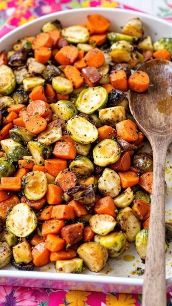 A colorful medley of roasted Brussels sprouts, carrots, and sweet potatoes in a baking dish.