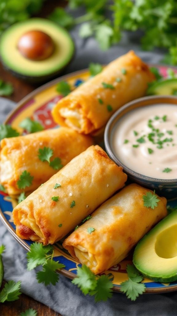 Crispy avocado spring rolls served with a dipping sauce and garnished with cilantro