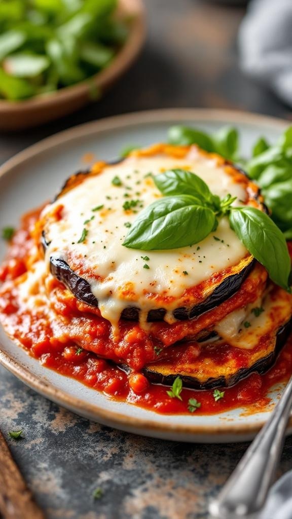 Crispy Baked Eggplant Parmesan served with marinara sauce and fresh basil
