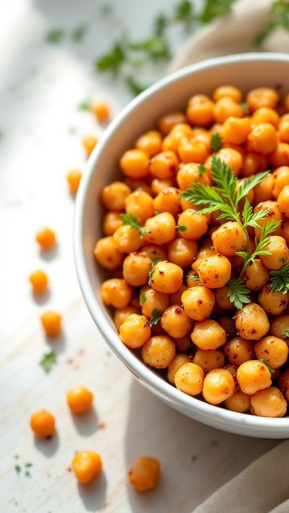 A bowl of crispy chickpea bites garnished with fresh herbs.