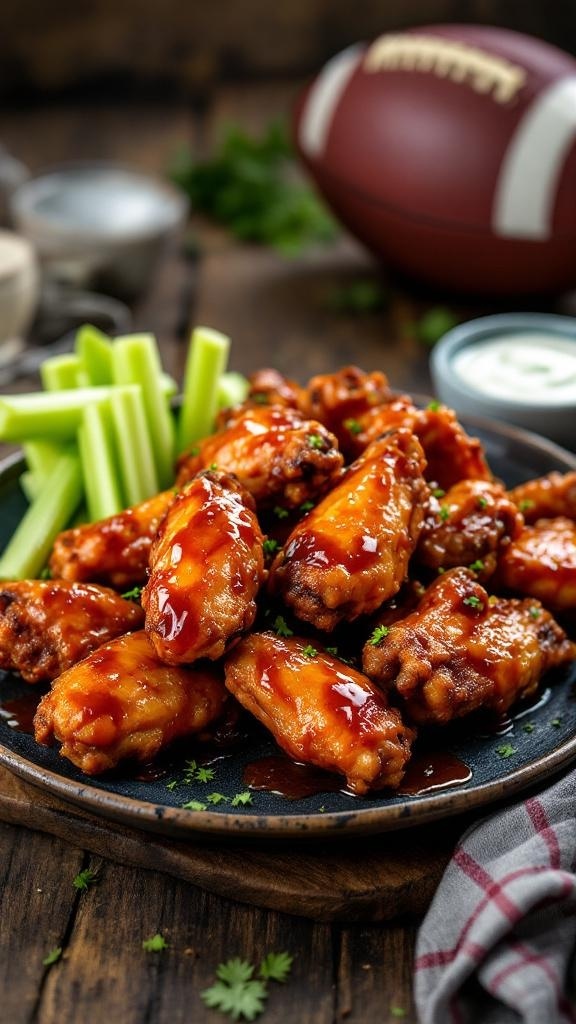 A plate of crispy BBQ chicken wings with celery sticks and a football in the background.