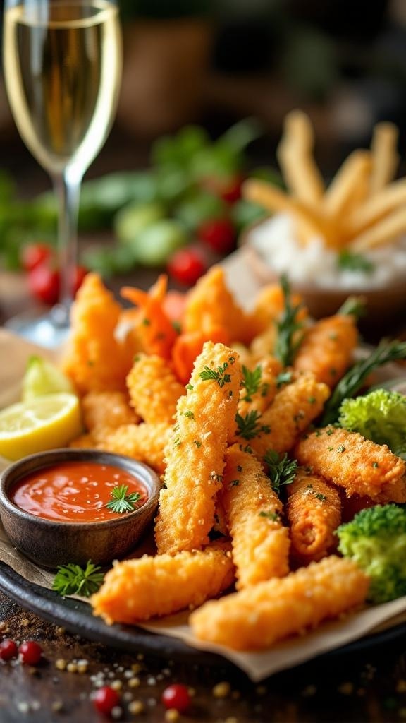 A plate of crispy vegetable tempura served with a dipping sauce and a glass of champagne.