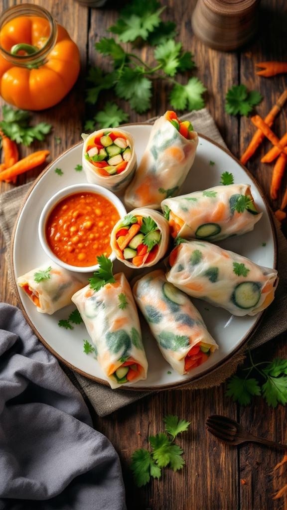 A plate of crispy veggie spring rolls with a zesty dipping sauce, surrounded by fresh vegetables.