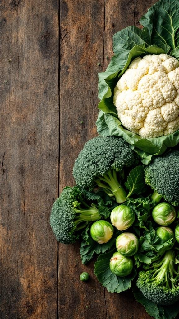 A variety of cruciferous vegetables including broccoli, cauliflower, and Brussels sprouts on a wooden surface.